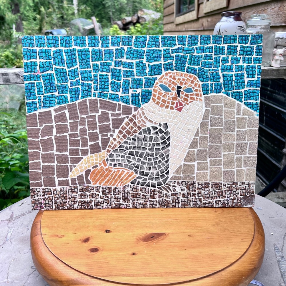 Vintage Tile Mosaic Bird Panel Wall Art Large Turquoise Retro MCM Geometric Art